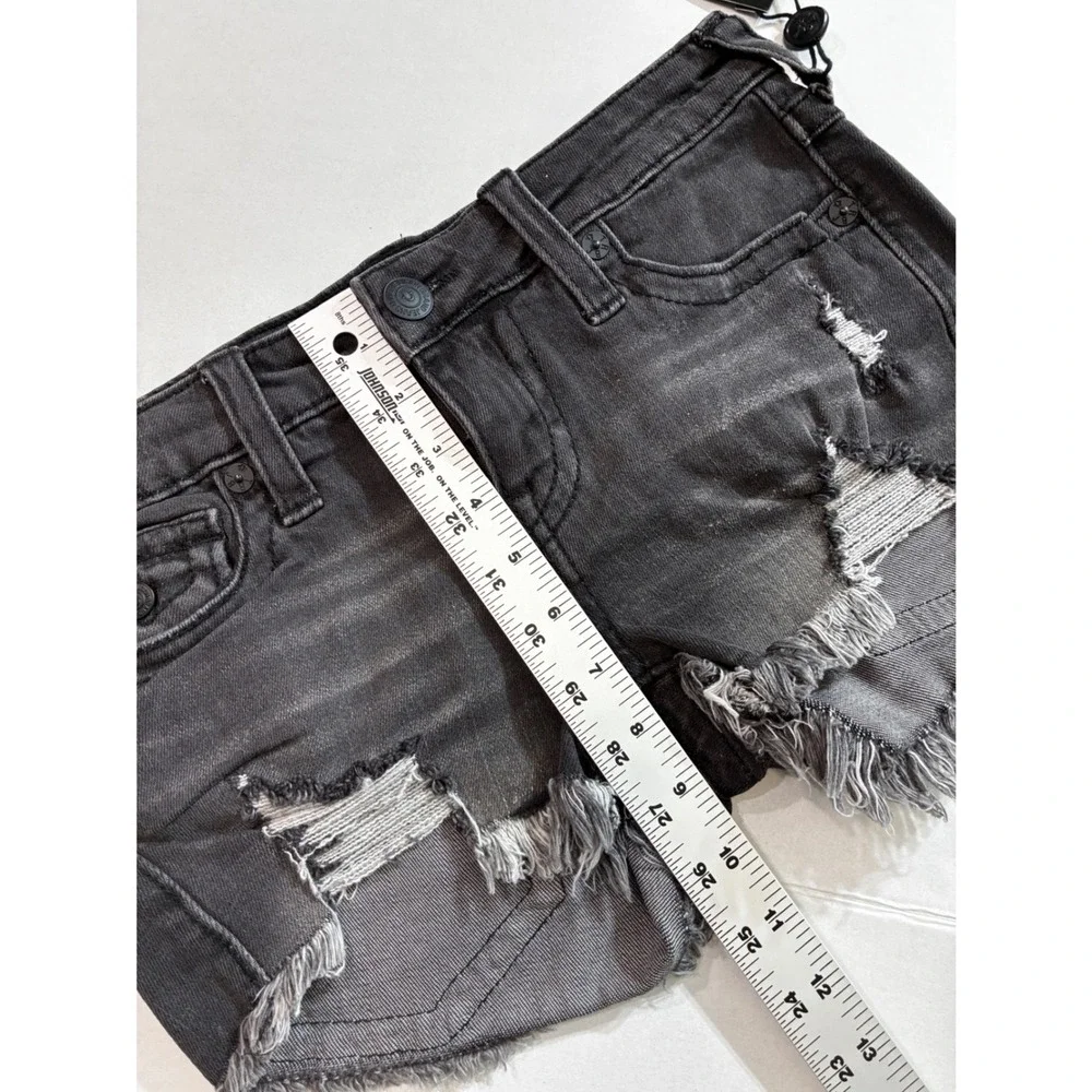 True Religion Joey Low Rise Cut Off Denim Shorts Moon Light Distressed Black 26